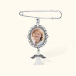 Personalized Cardinal Bird Bee Angel Wings Pin Brooch Wedding Bouquet Photo Charm with Heart or Bell Pendant Memorial Gift for Bride