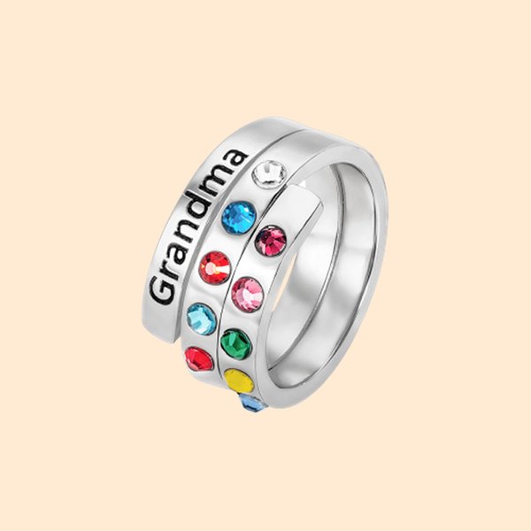 Personalised Birthstone Wrap Stacking with Platinum Plated Ring for Grandma Mom Nana