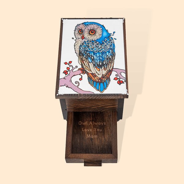 Portagioie vintage personalizzato in legno con specchio e cassetto con gufo maestoso