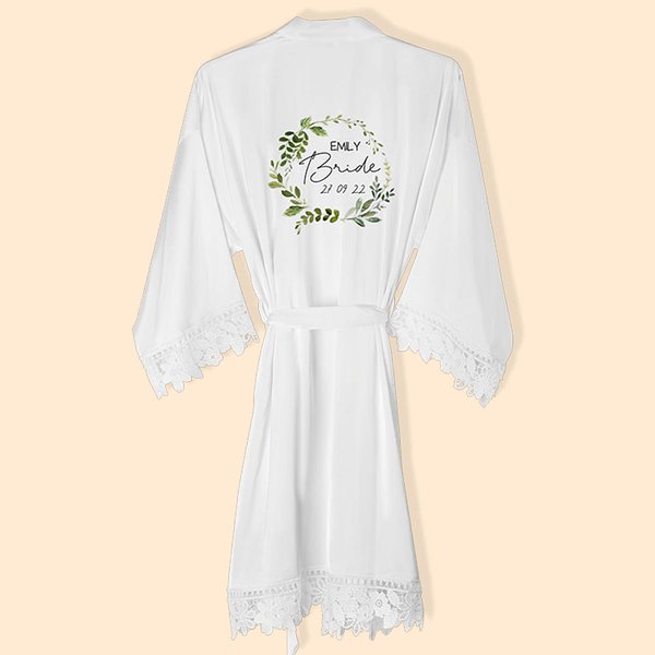 Henkilökohtainen Foliage Floral Wreath Design Satin Robe Bridal Shower Häät lahja morsian morsiusneito