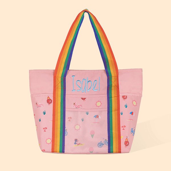 Borsa tote da spiaggia multicolore personalizzata con nome ricamato regalo di compleanno per bambini