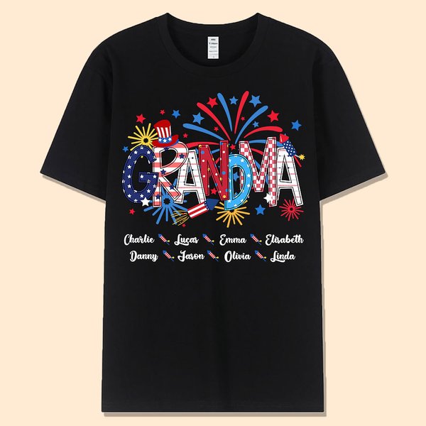 Personalized 4th of July Firework Independence Day Patriotic T-Shirt with Family Members' Names