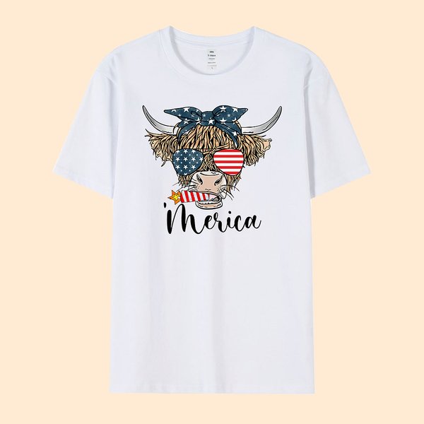Personlig Independence Day T-shirt med amerikansk flagga Highland Cow Rolig 4 juli-tröja