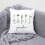 Housse d'Oreiller Personnalisée avec 1-10 Noms et Fleurs de Naissance Cadeau Fête Anniversaire pour Grand-Mère
