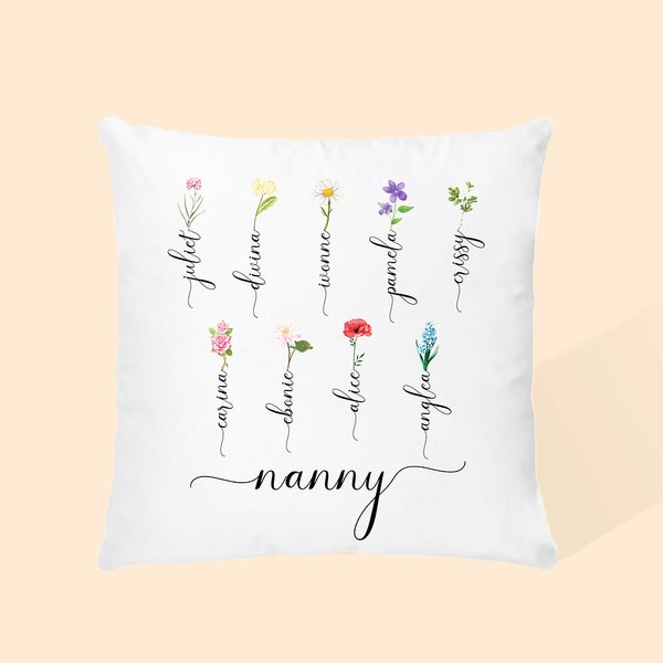 Housse d'Oreiller Personnalisée avec 1-10 Noms et Fleurs de Naissance Cadeau Fête Anniversaire pour Grand-Mère
