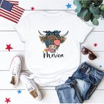 T-shirt personnalisé de la fête de l'Indépendance avec drapeau américain Highland Cow Chemise amusante du 4 juillet
