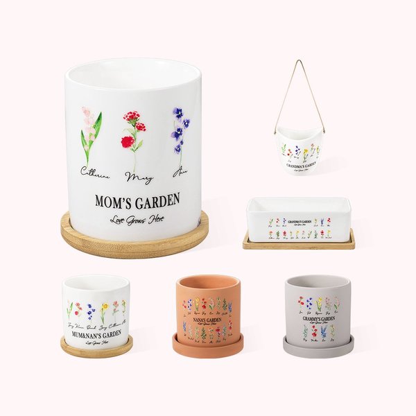 Pot de Fleurs Personnalisé avec Nom et Fleur de Mois de Naissance Cadeau pour Mère ou Grand-Mère