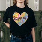 Personalized Colorful Pleasing Heart Rainbow Mushroom Star Flower 100% Cotton T-shirt with Name Birthday Party Gift for Family Friend