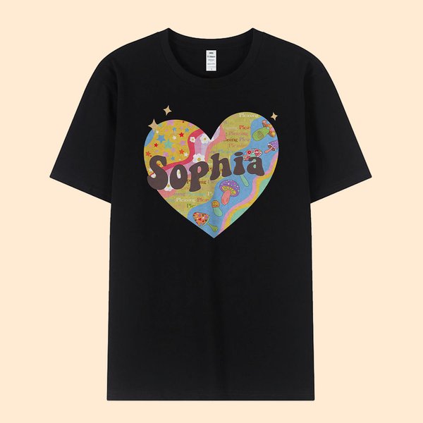 Personlig färgglad glädjande hjärta regnbåge svamp stjärna blomma 100% bomull T-shirt med namn födelsedagsfest gåva för familj vän