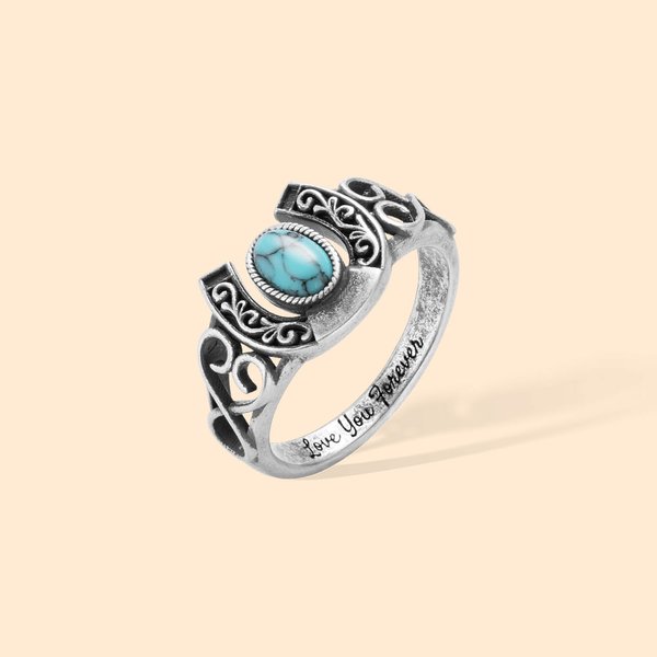 Personalized Bohemian Vintage Horseshoe Ring with Engraved Text Turquoise Lucky Jewellery Birthday Valentine's Day Gift for Family Friend Couple