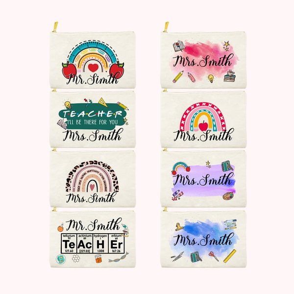 Trousse de maquillage personnalisée avec nom pour le cadeau d'appréciation d'un enseignant.