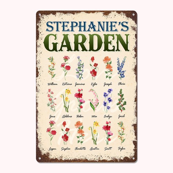 Personalized Birth Flower Metal Garden Sign with Name
