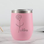 Vaso de vino de acero inoxidable personalizado con flor de nacimiento y nombre