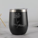 Vaso de vino de acero inoxidable personalizado con flor de nacimiento y nombre