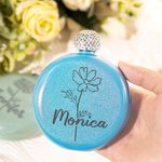 Flasque ronde personnalisée gravée au laser avec nom et mois de naissance Fleur