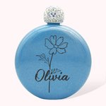 Flasque ronde personnalisée gravée au laser avec nom et mois de naissance Fleur