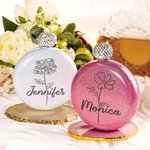 Flasque ronde personnalisée gravée au laser avec nom et mois de naissance Fleur