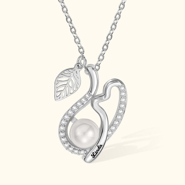 Personalised Vine Leaf Curve Necklace with Heart and Pearl