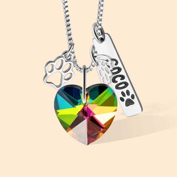 Personalized Rainbow Bridge Paw Print Wings Heart Necklace with Name Dainty Jewelry Pet Loss Sympathy Memorial Gift for Pet Lovers
