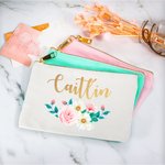Sac de maquillage personnalisé avec nom et motif de rose pour cadeau de mariage et d'anniversaire.