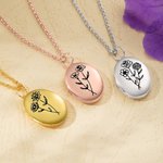 Collier avec Pendentif Photo Personnalisé avec Gravure Texte et 1-4 Fleurs de Naissance Cadeau Anniversaire Fête des Mères pour Femme