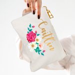 Sac de maquillage personnalisé avec nom et motif de rose pour cadeau de mariage et d'anniversaire.