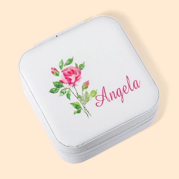 Personalized Watercolor Birth Flower Travel Jewelry Box Portable Jewelry Case with Name Birthday Bridesmaid Gift for Girls Women