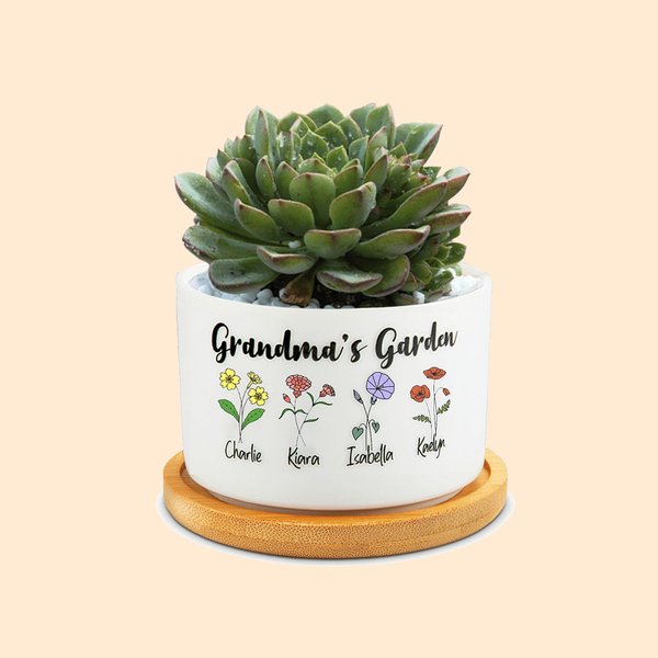 Personalized Birth Flower Plant Ceramic Pot Planter and Bamboo Base with 1-8 Names Mother's Day Gift for Grandma Mom