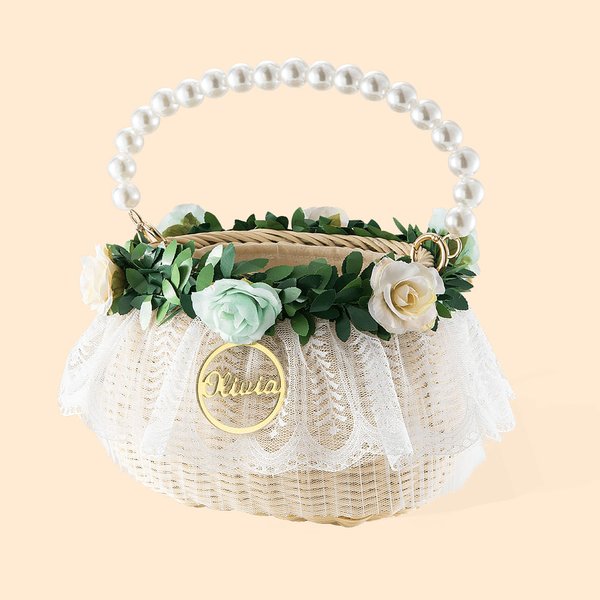 Personalized Handmade Flowers Wreath Rattan Flower Girl Basket with Name and Pearl Handle Wedding Ceremony Gift