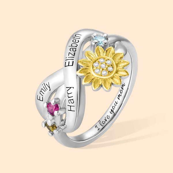 Personalisierte Sonnenblume Versprechen Ring mit Namen und Geburtsstein Geschenke für Frauen