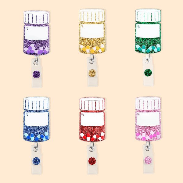 Bottiglia di pillole personalizzata Glitter ID Badge Reel per i lavoratori medici farmacisti