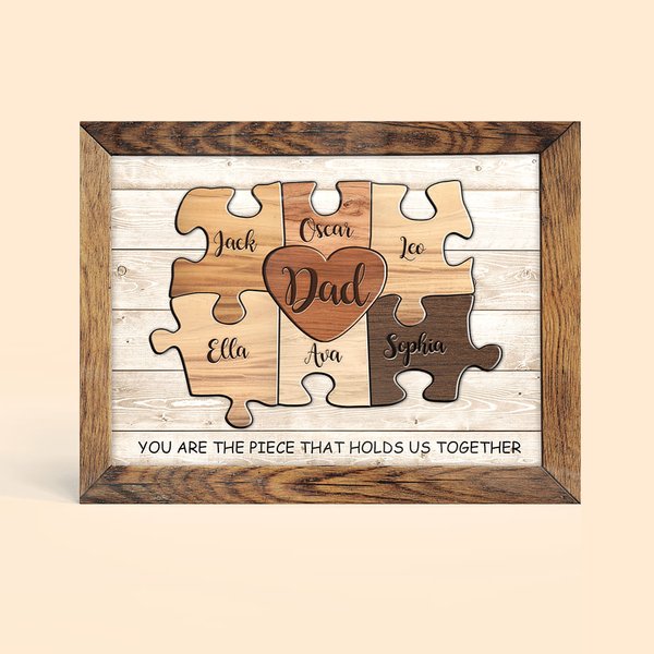Personalised Rustic Puzzle Piece Sign Canvas Prints Frame with Names Gift For Dad Mom