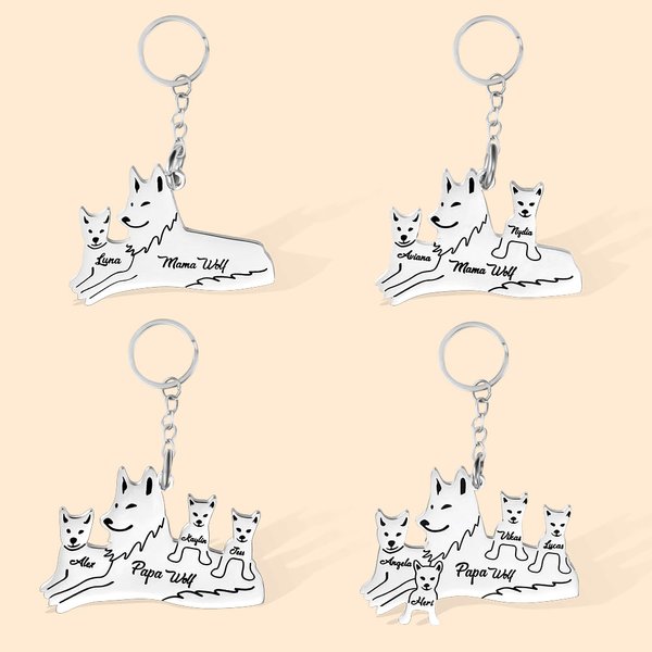 Personalised Mama Wolf Keychain with 1-8 Names Gift for Mother