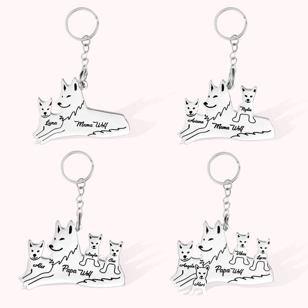 Porte-Clés Personnalisé avec Noms des 1-9 Loups Accessoire en Acier Inoxydable Cadeau Familial Fête des Pères Mères pour Papa Maman