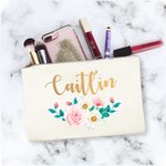 Sac de maquillage personnalisé avec nom et motif de rose pour cadeau de mariage et d'anniversaire.