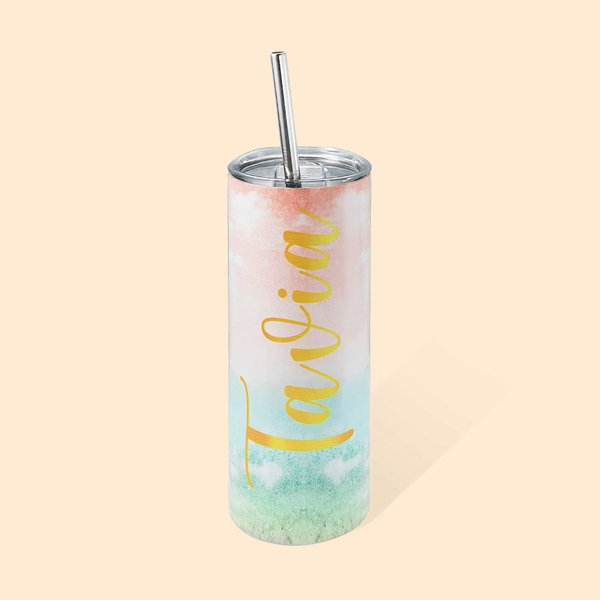 Vaso personalizado de acero inoxidable de 20 oz. de color degradado con tapa y pajita