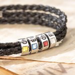 Personalised Men's Braided Leather Birthstone Bracelet with Name