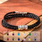 Personalised Men's Braided Leather Birthstone Bracelet with Name