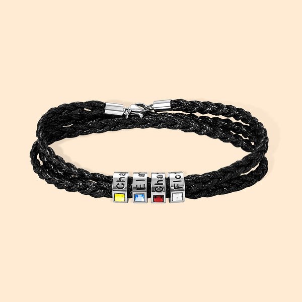 Pulsera de cuero trenzado personalizada para hombre con piedra de nacimiento y nombre