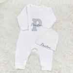 Personalized Neutral Baby Romper Set with Hat and Gloves Coming Home Outfit