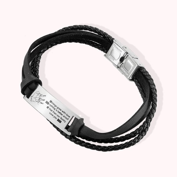 Personalized Black Braided Leather Bracelet for Father's Gift