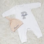 Personalized Neutral Baby Romper Set with Hat and Gloves Coming Home Outfit