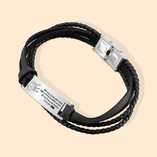 Personalized Black Braided Leather Bracelet for Father's Gift