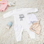 Personalized Neutral Baby Romper Set with Hat and Gloves Coming Home Outfit