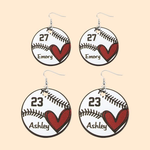 Personalised Baseball Softball Dangle Earrings with Name & Number