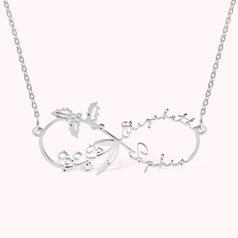 Personalisierte 2 Geburt Blumen und 2 Namen Infinity Halskette Geschenk für Sie