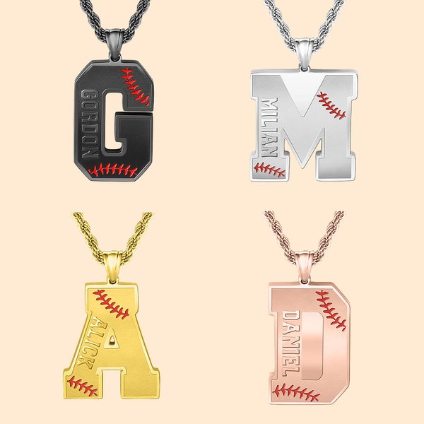 Personalized Engraved Baseball Initial Men's Necklace with Name for Birthday Gift for Sport Lovers