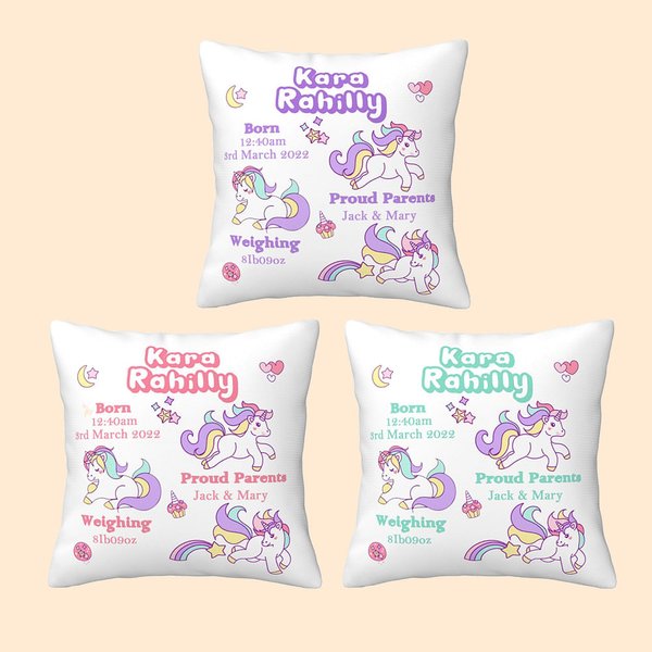 Personalizzato fantasia Unicorno annuncio nascita bambino Keepsake lancio cuscino copertura Nursery Decor
