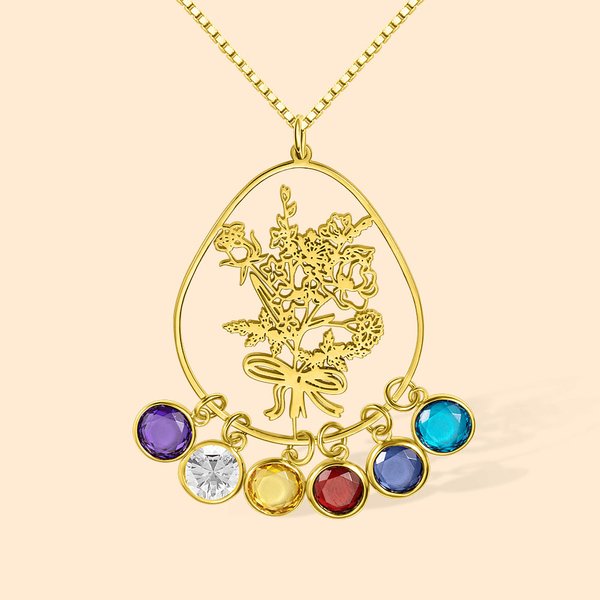 Collier à Personnaliser avec Bouquet de Fleurs Évidé et Pierre de Naissance Pendentif Forme Goutte