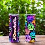 Gobelet 600ml Personnalisé avec Nom à Citrouilles Colorés Tumbler avec Paille Cadeau Halloween Fête pour Femme Homme